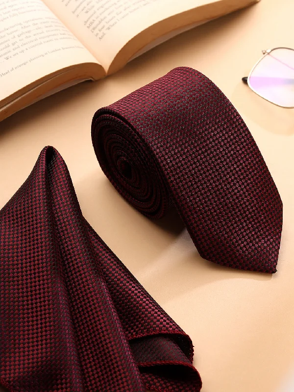 Men's Maroon Self Design Tie With Pocket Square Set