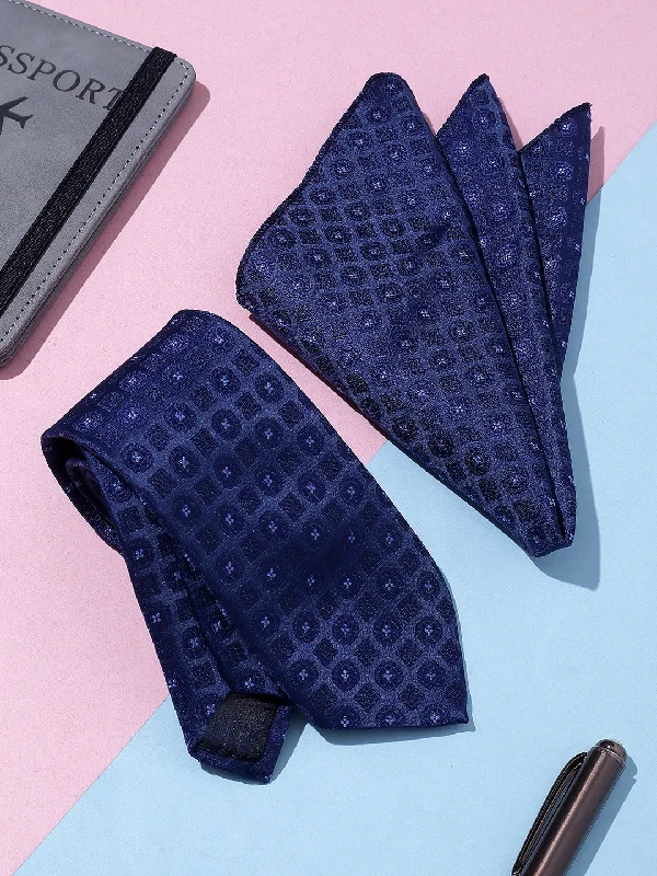 Men's Navy Blue Printed Tie With Pocket Square Set