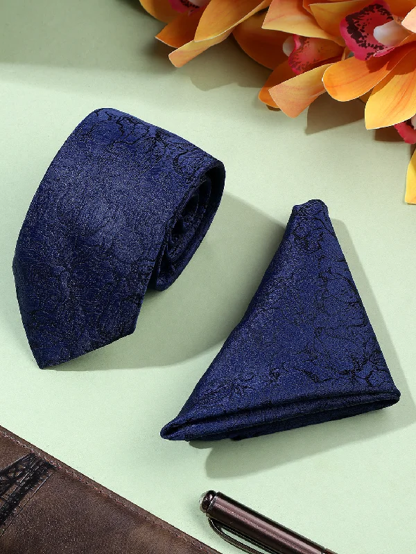 Men's Navy Blue Printed Tie With Pocket Square Set