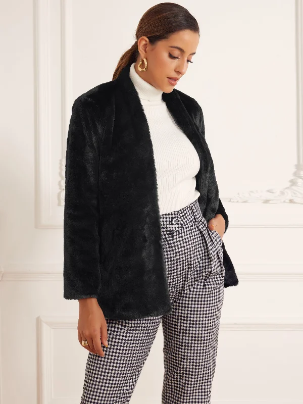 Faux Fur Pocketed Long Sleeve Open Front Fluffy Jackets