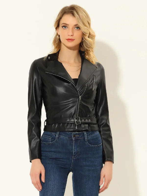 PU Crop Zip Up Belted Motorcycle Faux Leather Jacket