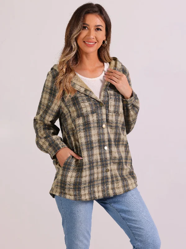 Plaid Fleece Long Sleeves Casual Hooded Shacket Jacket