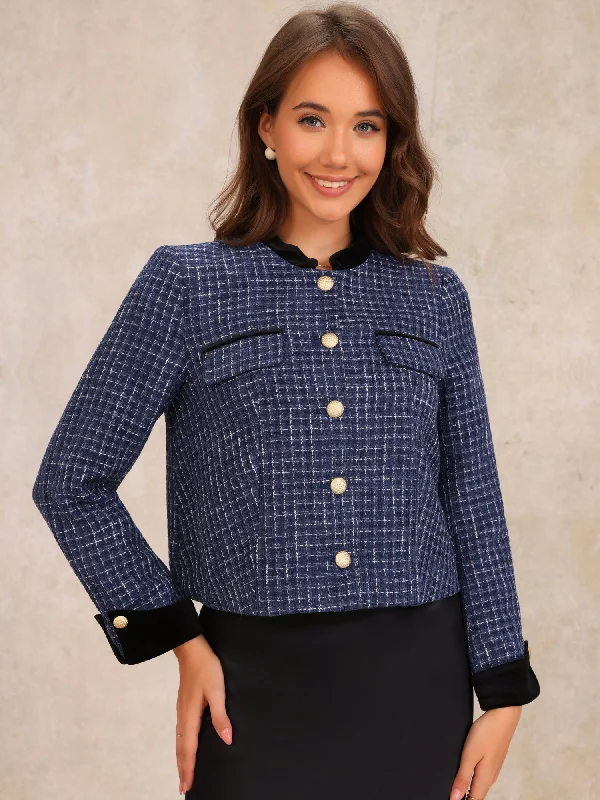 Tweed Button Down Stand Collar Long Sleeve Casual Jacket