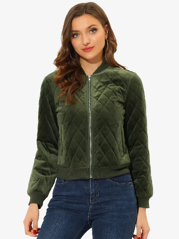 Zip Up Long Sleeve Velvet Surface Diamond Quilted Bomber Jacket