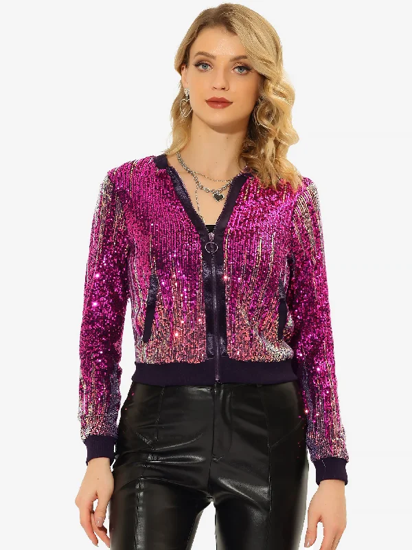 Halloween Sequin Long Sleeve Zipper Ombre Sparkle Bomber Jacket