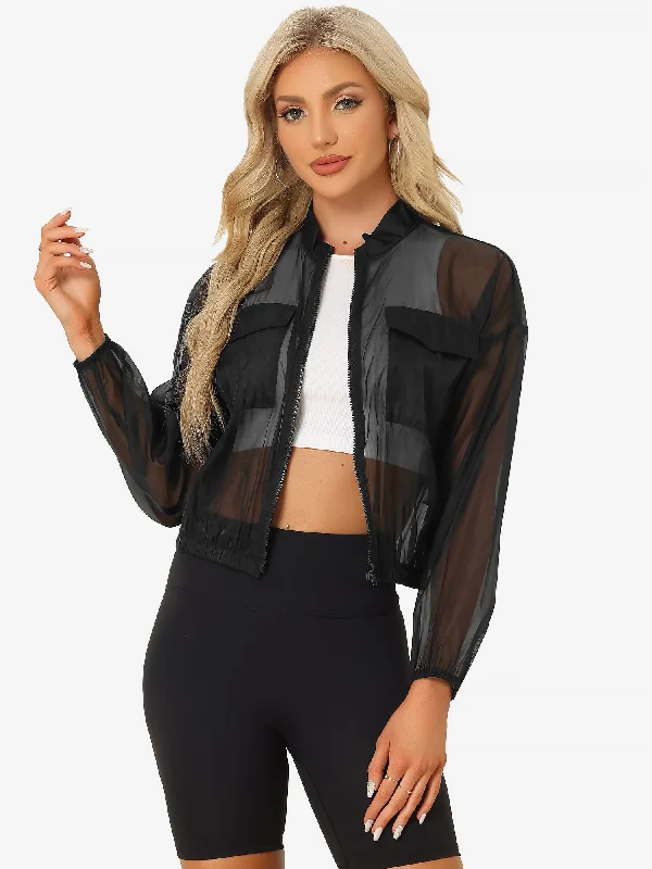 Sheer Zip Up Long Sleeve See Through Bomber Jacket