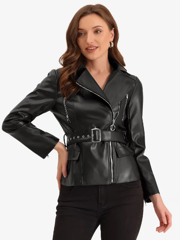 PU Leather Lapel Long Sleeve Racer Biker Motorcycle Jacket