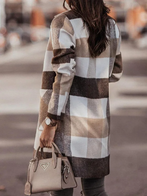 Women's Brown and Beige Plaid Long Sleeve Overcoat