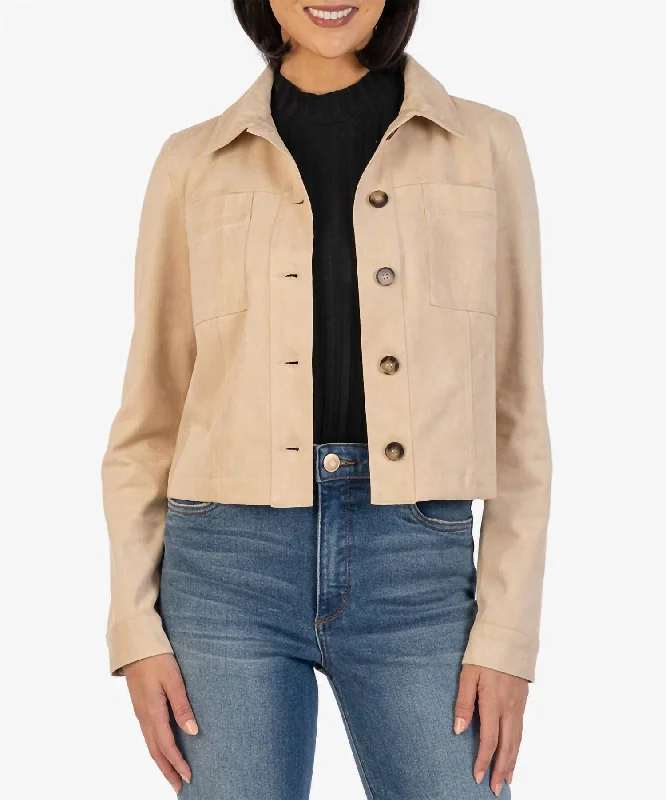 Matilda Faux Suede Crop Trucker Jacket In Taupe