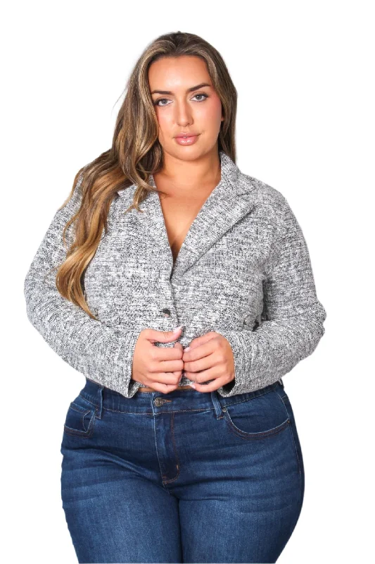 Women's Plus Long Sleeves Collared Knitted Crop Jacket