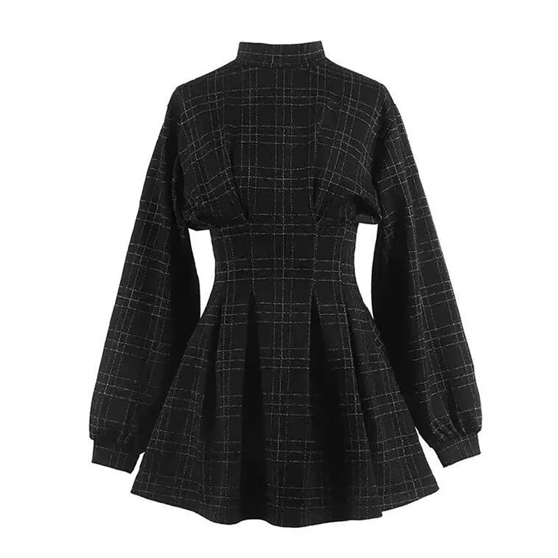 2020 Spring Women Vintage Mini Dress Long Sleeve Plaid A-lined Punk Style Gothic Dresses for Goth Girls Female Retro High Waist