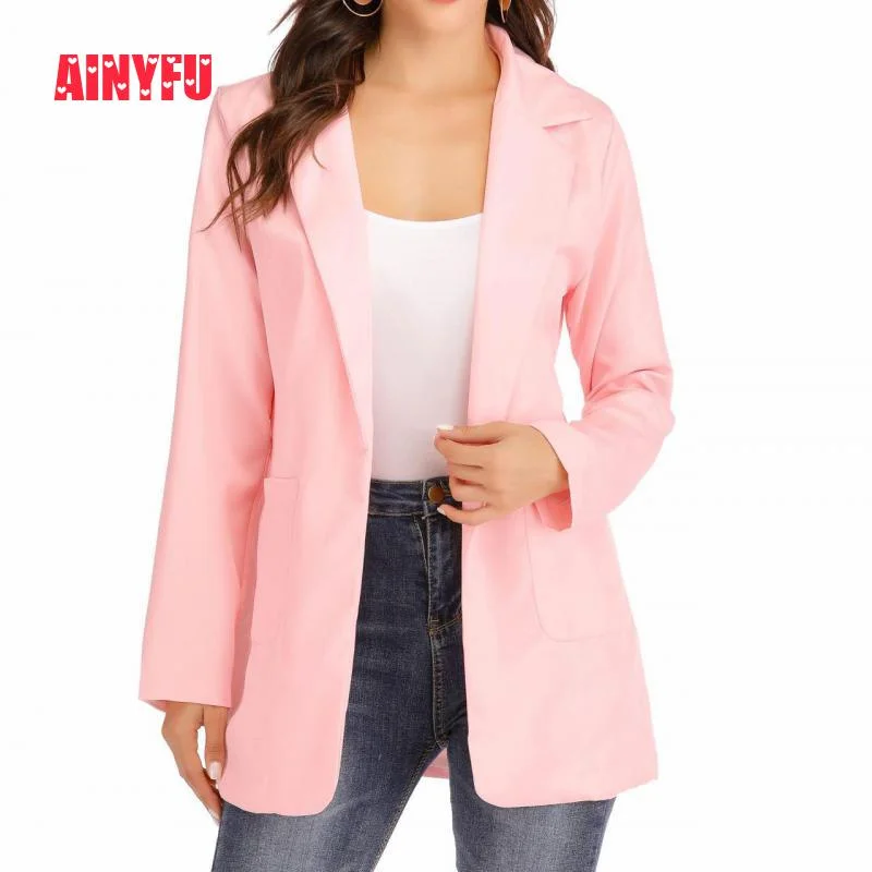 Ainyfu Solid Temperament Slim Suit Jacket Woman Turn-down Collar Office Lady Coats Long Sleeve Patchwork Femme Clothing Autumn