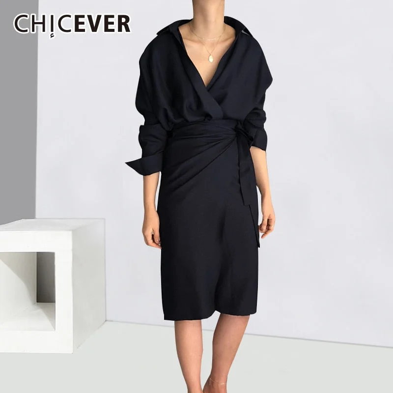 CHICEVER Bow Bandage Dresses For Women V Neck Long Sleeve High Waist Women's Dress Female Elegant Fashion Clothing New 2019