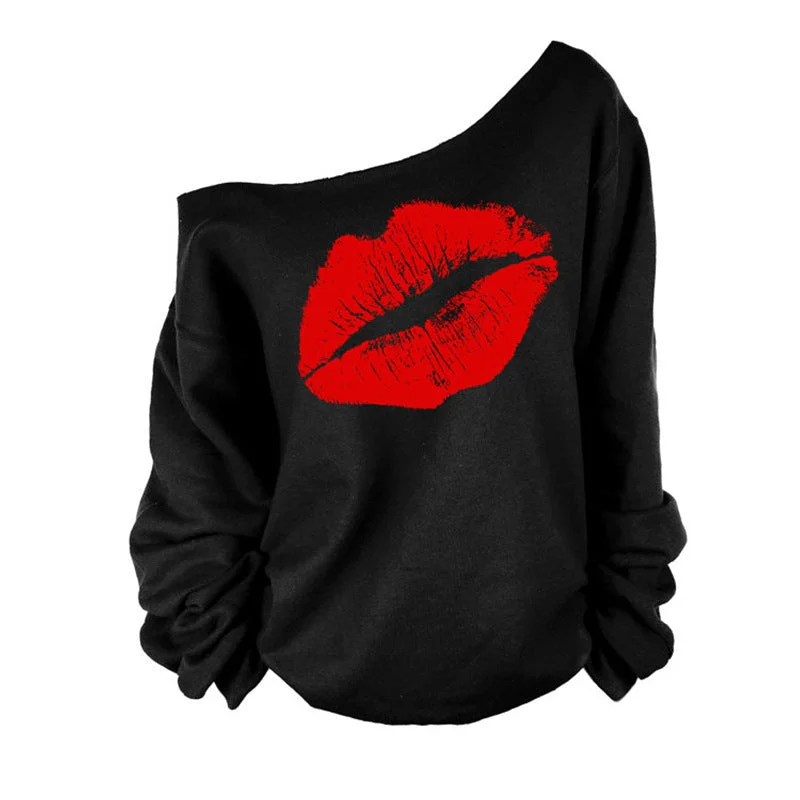 Plus Size 2015 Sexy Casual Female Pullovers Printed Lip Sweatshirts Fashion Off The Shoulder Women Long Sleeve Sweatshirts C6854