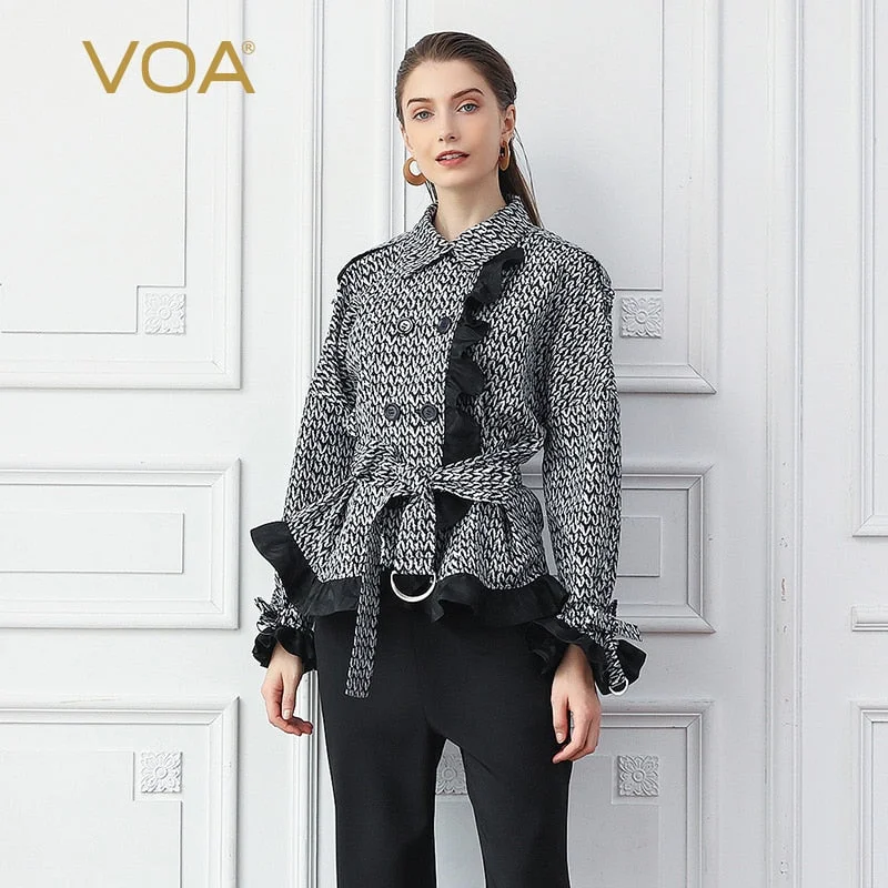 VOA Houndstooth Silk Short Coat Women Jacket Slim Outerwear Long Sleeve Belt Office Ladies Work Clothes Batwing Sleeve Fall W316