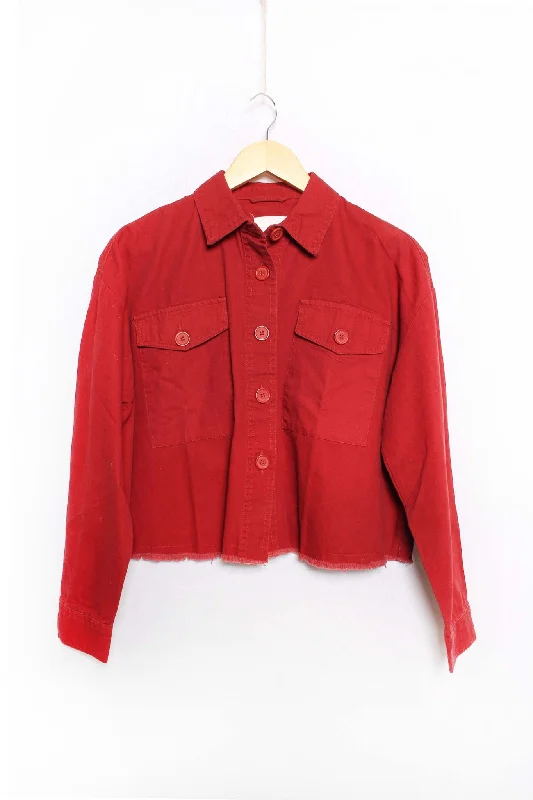 Women's Long Sleeve Pocket Front Raw Hem Button Up Jacket