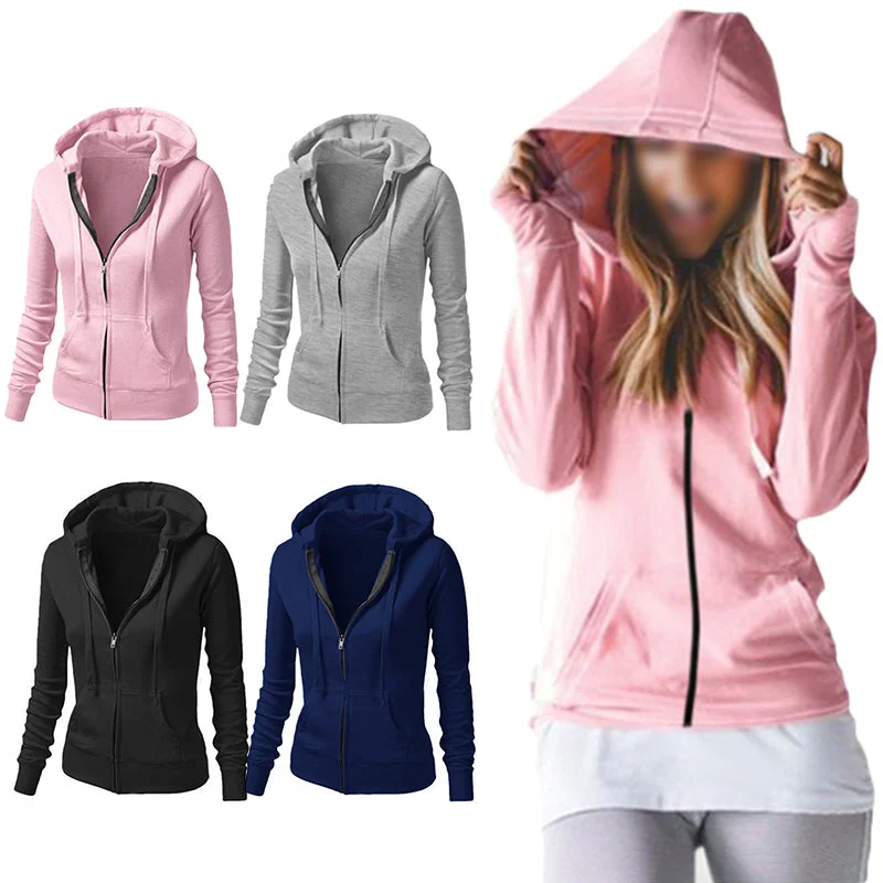 Women Hooded Loose Tops Coat Long Sleeve Outwear Sweatshirt Jacket Zipper Pocket