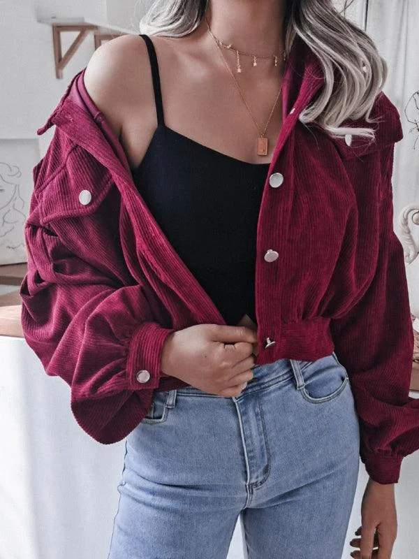 Corduroy Lantern Sleeves Women’s Crop Jacket