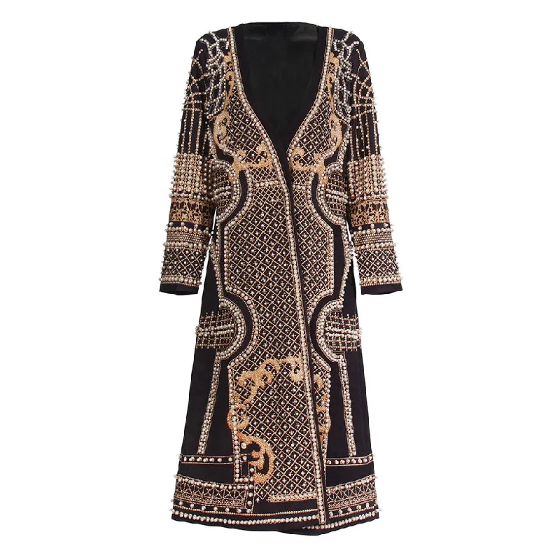 Opulent Pearl Beaded Baroque Print Collarless Long Sleeve Crepe Trench Coat