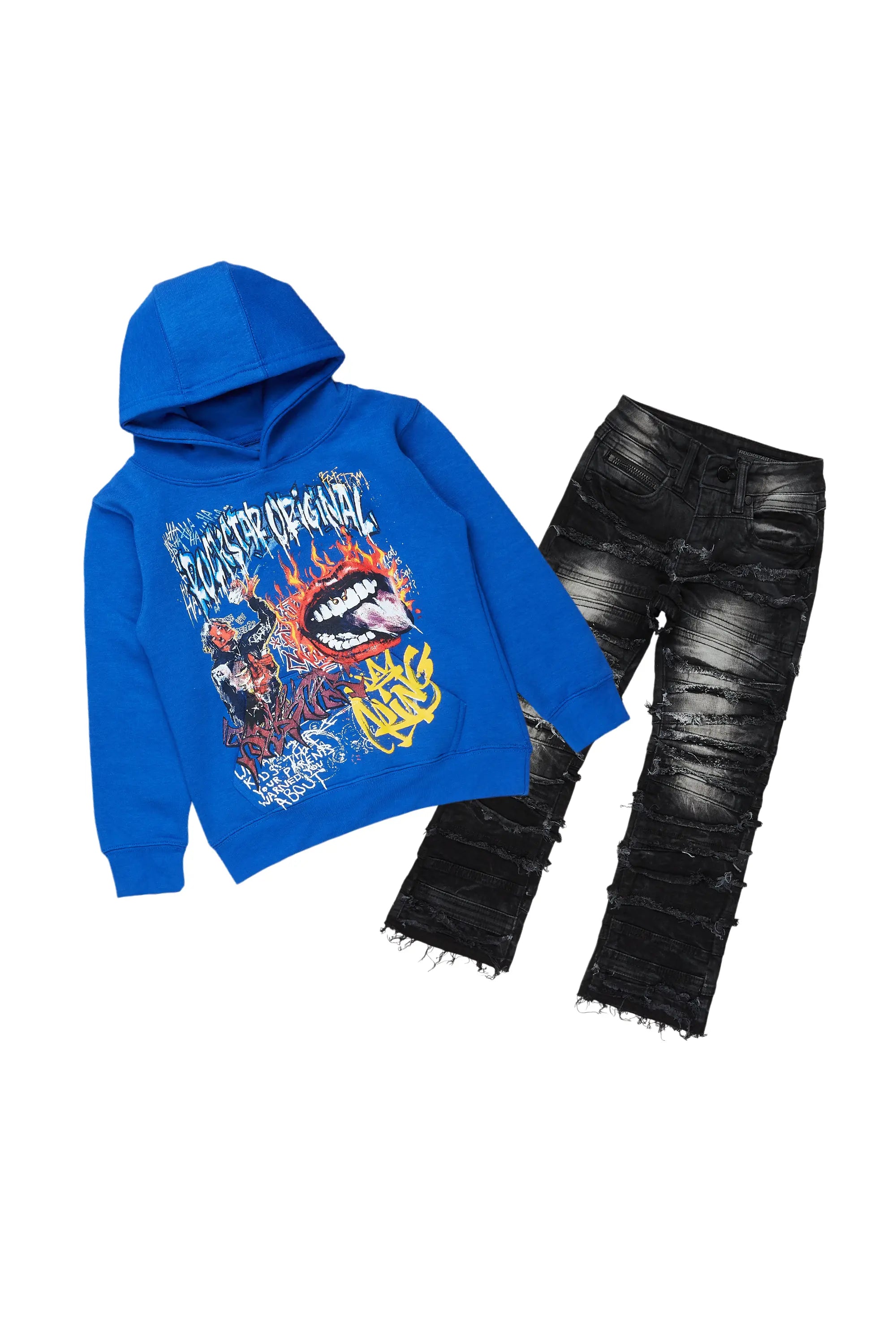 Boys Yooz Royal/Black Hoodie/Stack Flare Jean Set