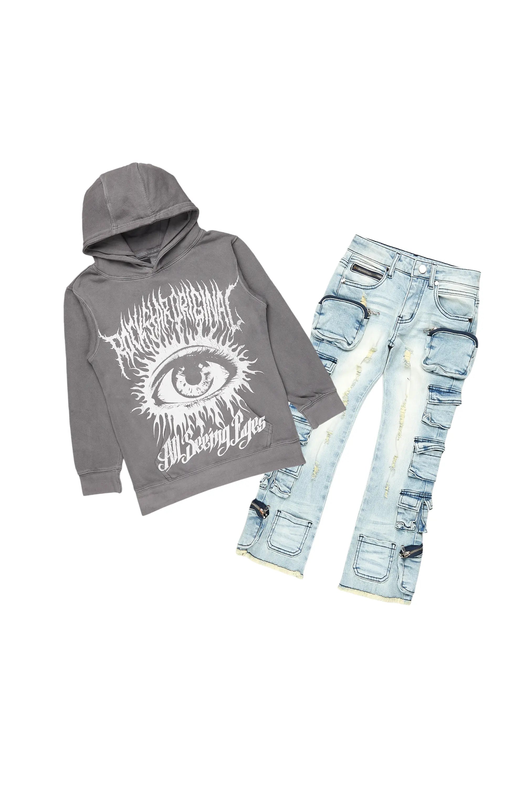 Boys All Eyes Blue/Vintage Grey Hoodie/Stacked Flare Jean Set