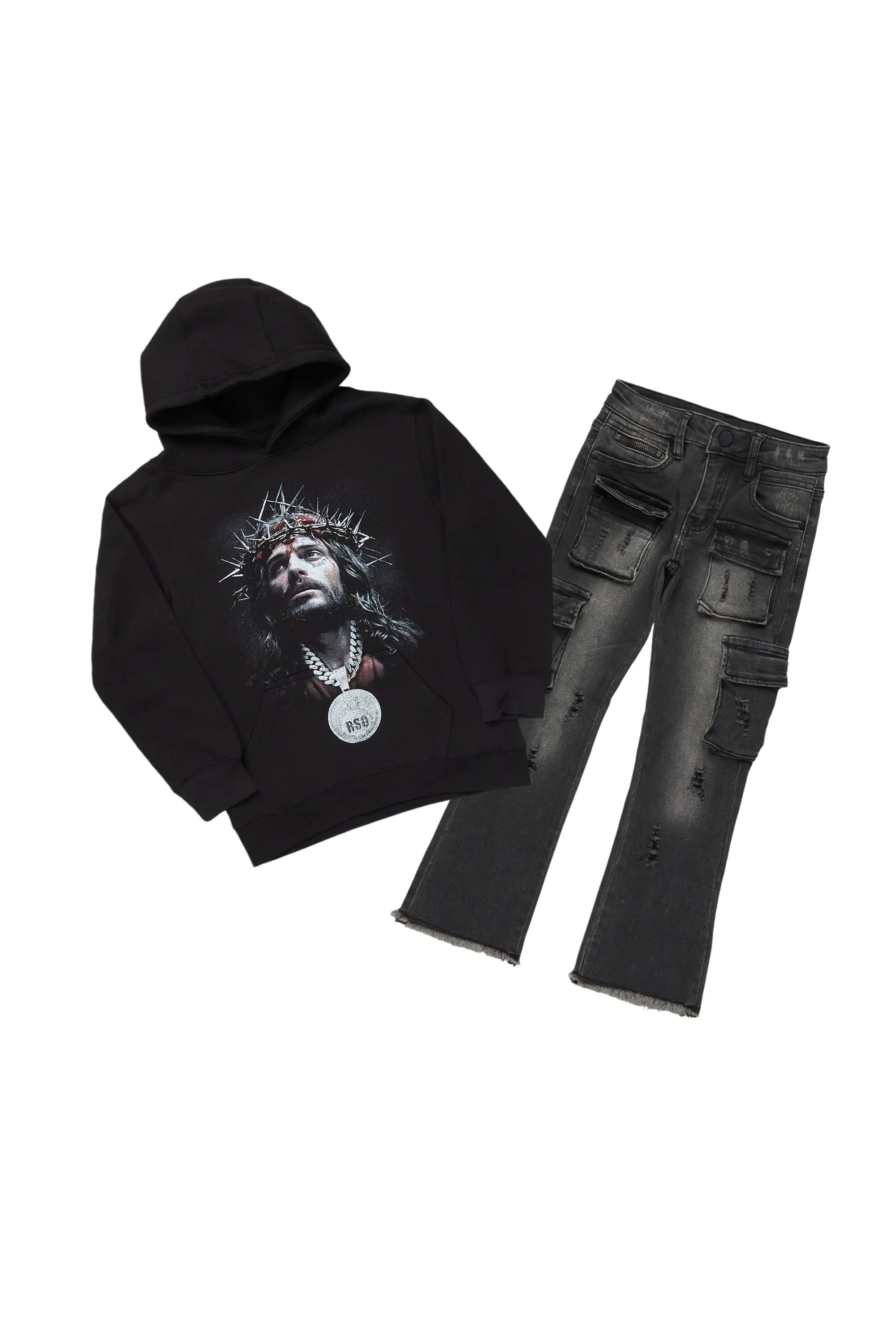 Boys Amina Black/Grey Hoodie/Stacked Flare Jean Set