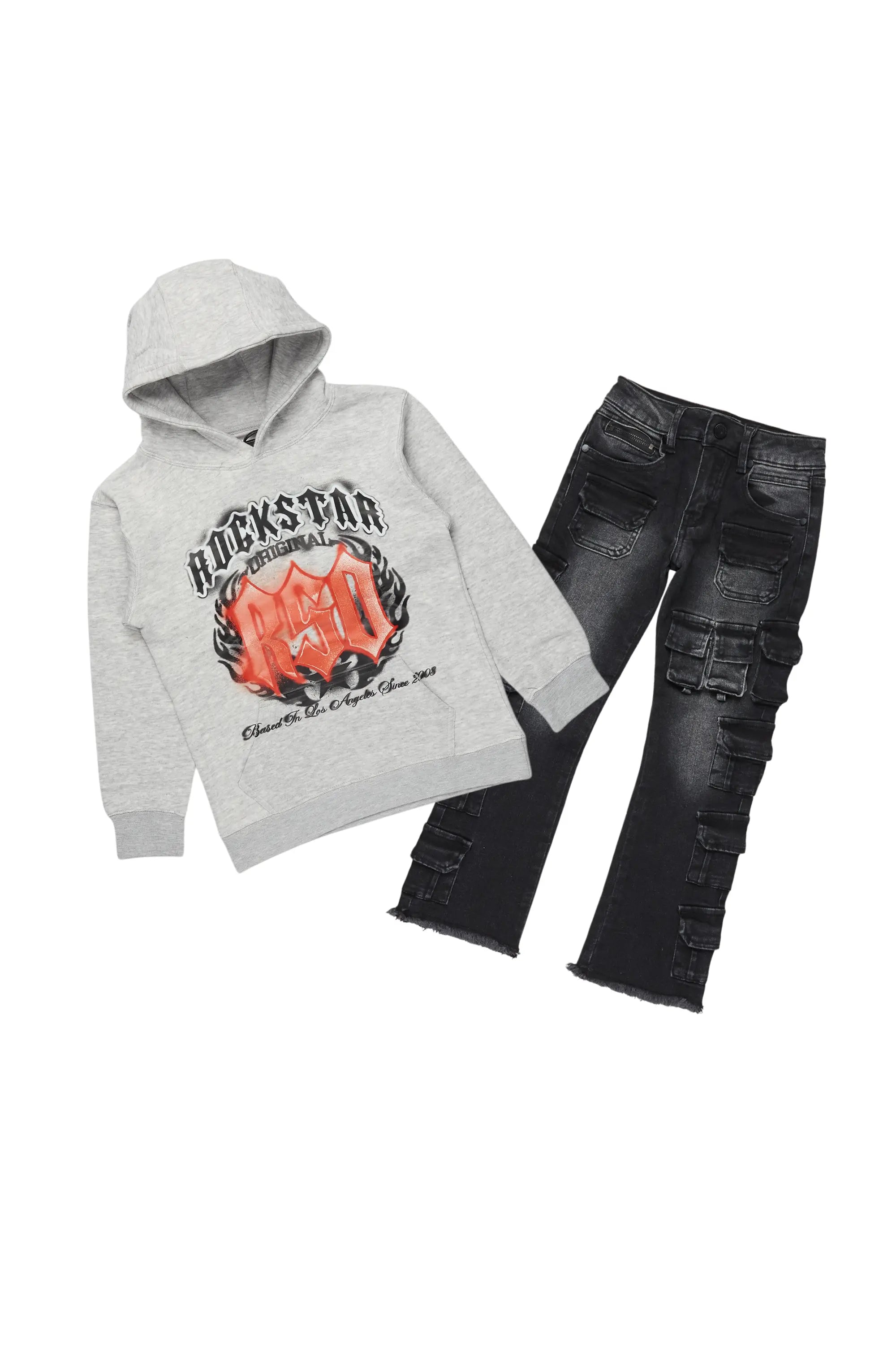 Boys Boaz Heather Grey/Black Hoodie/Stacked Flare Jean Set