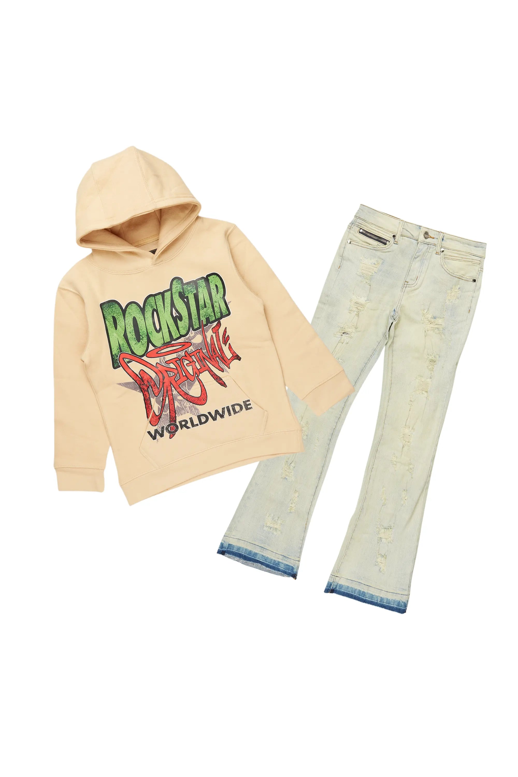 Boys Kait Beige Hoodie/Stacked Flare Jean Set