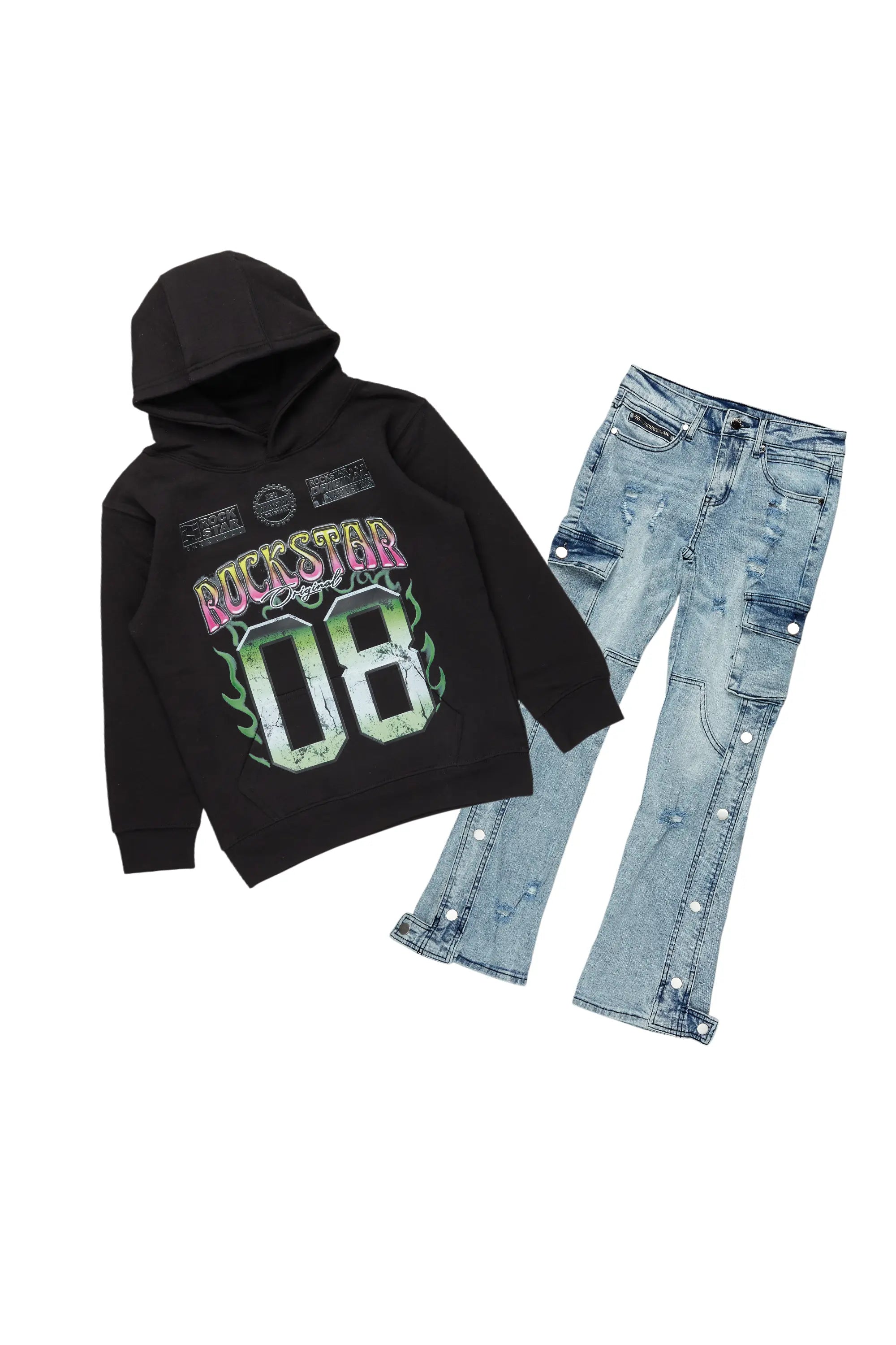 Boys Quito Black/Blue Hoodie/Stacked Flare Jean Set