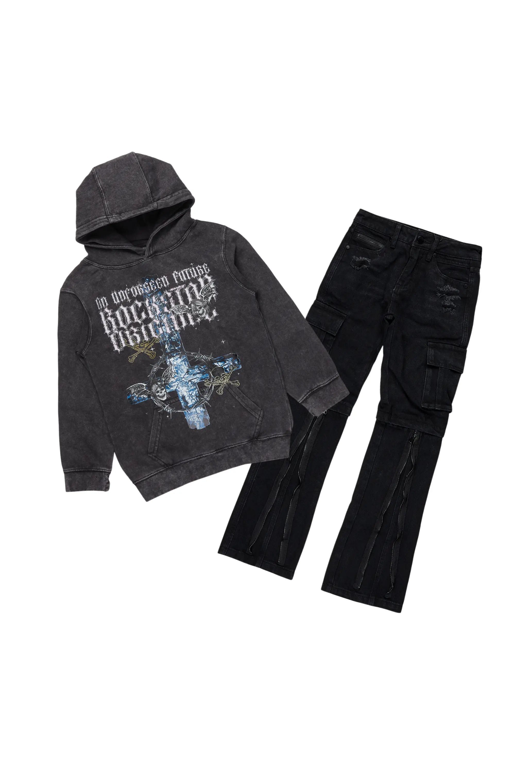 Boys Hagan Vintage Black Hoodie/Stacked Flare Jean Set