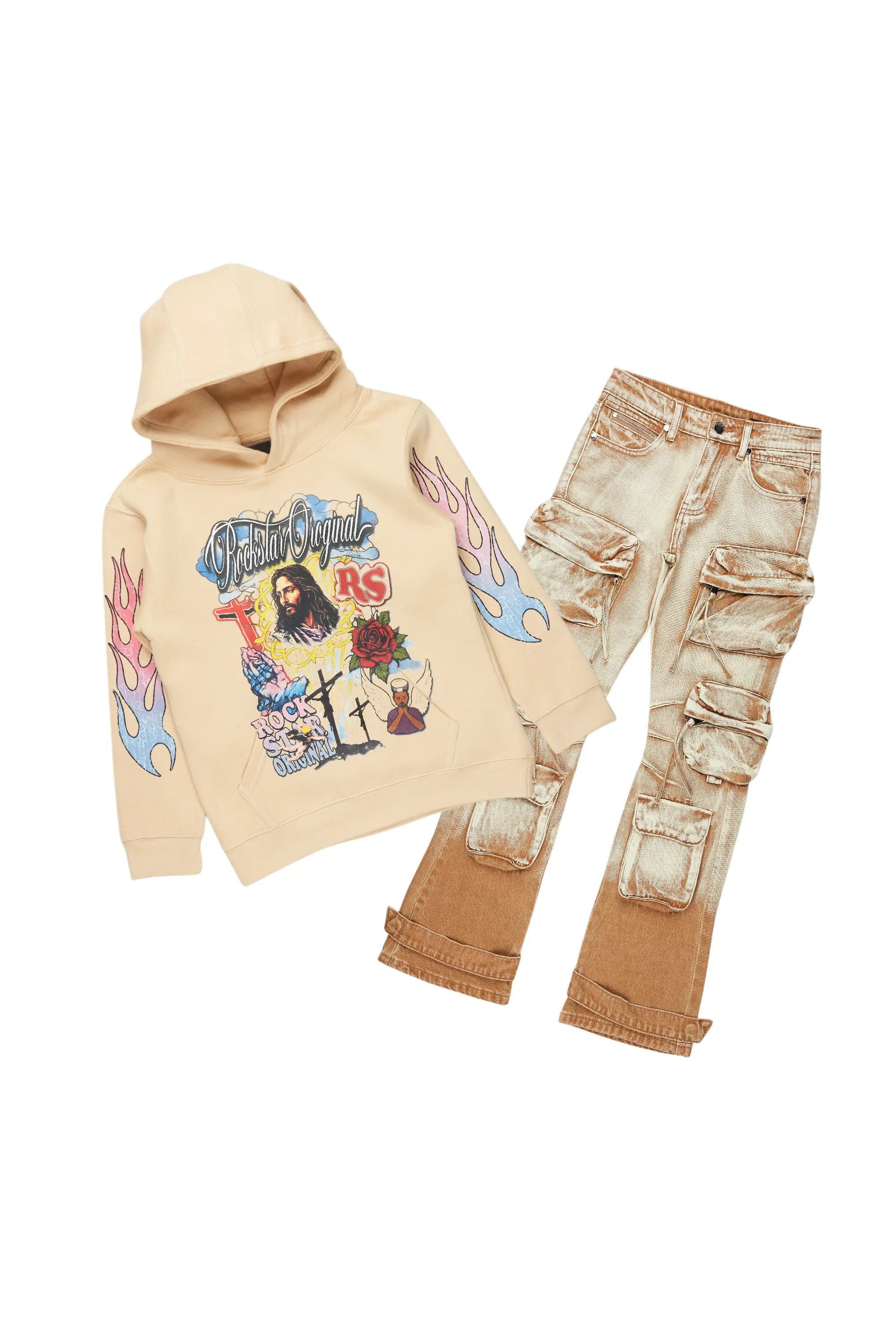 Boys Tadashi Beige Hoodie/Stacked Flare Jean Set