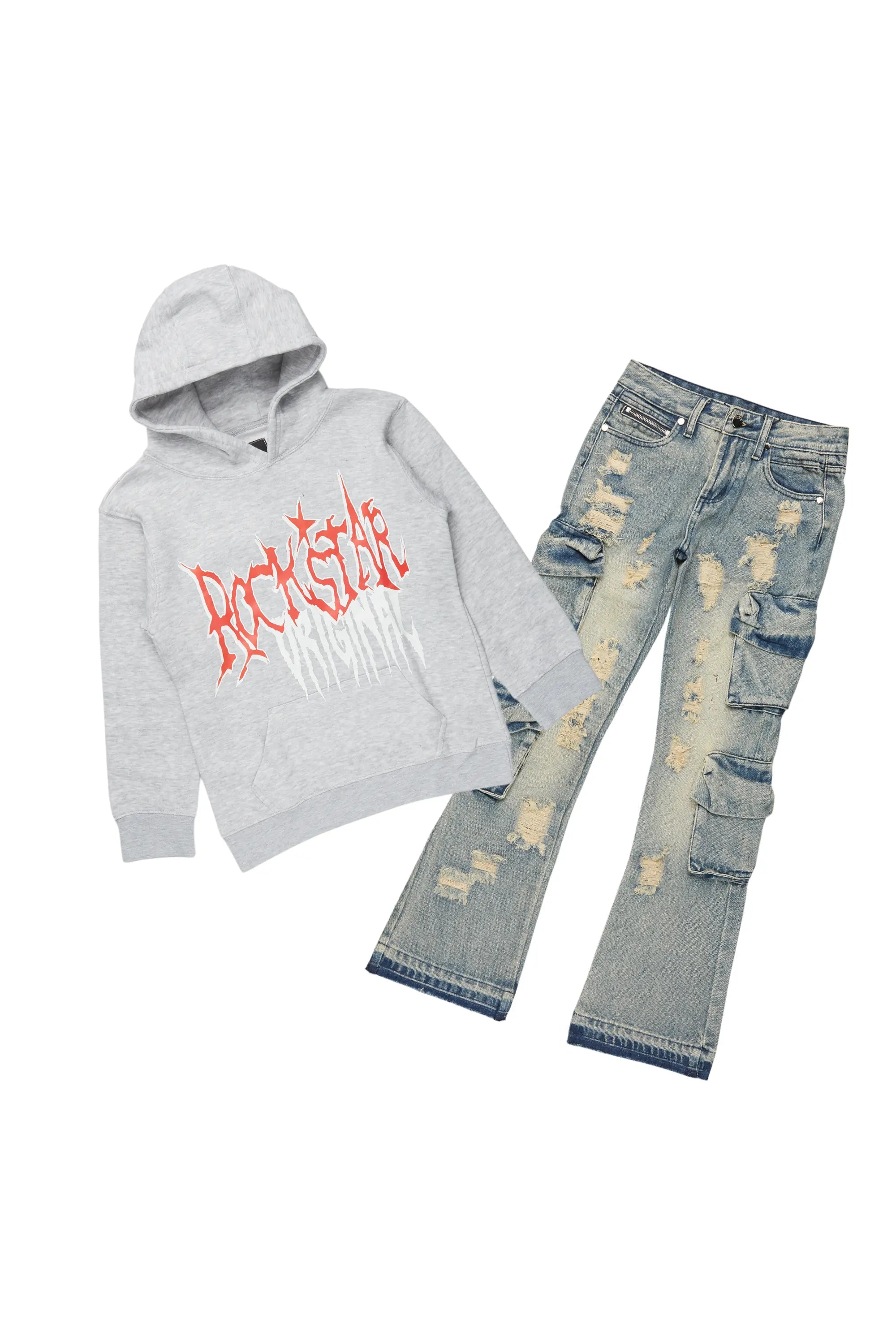 Boys Kendry Grey/Blue Hoodie/Stack Flare Jean Set