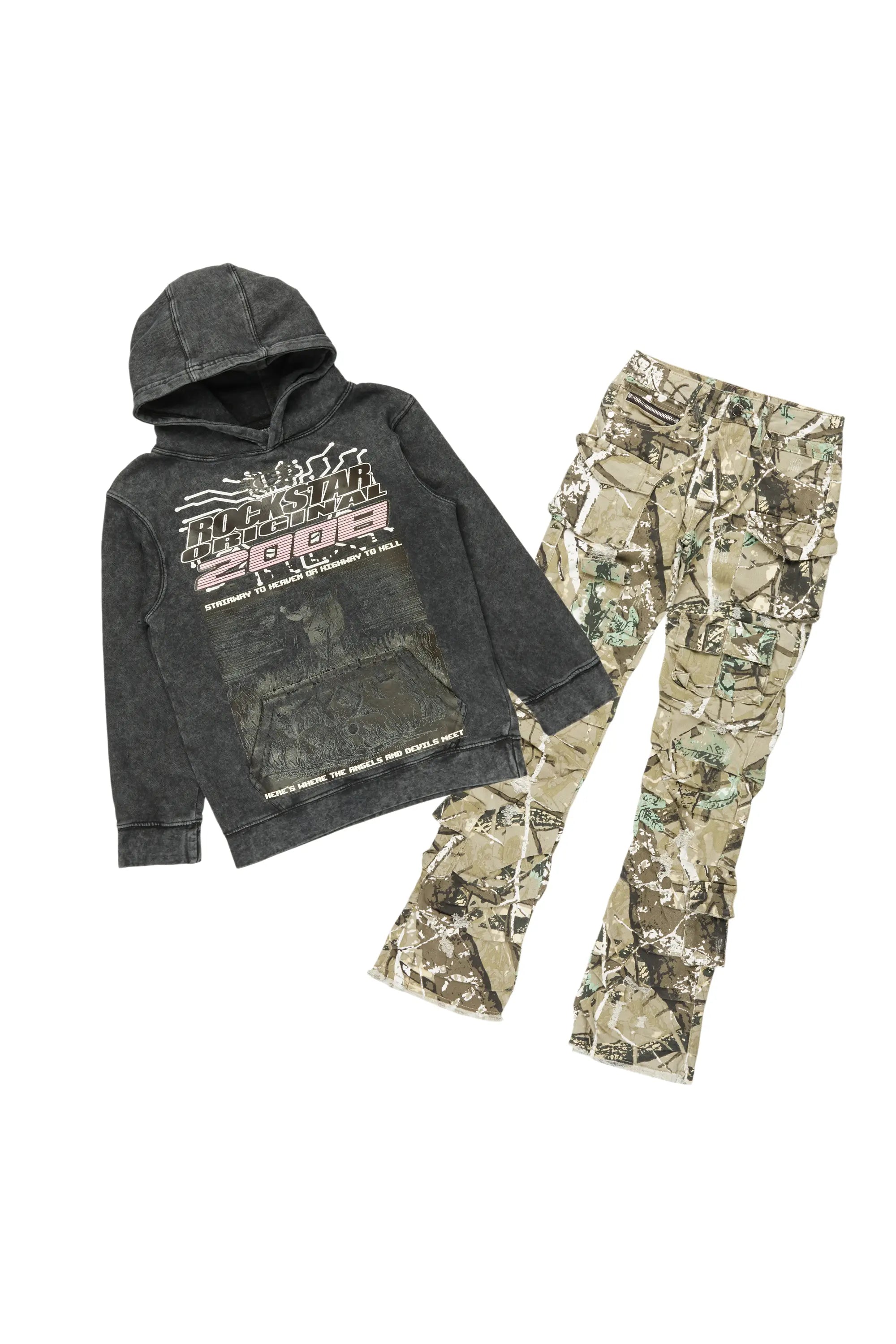 Boys Luxton Vintage Black/Tree Camo Hoodie/Stack Flare Jean Set