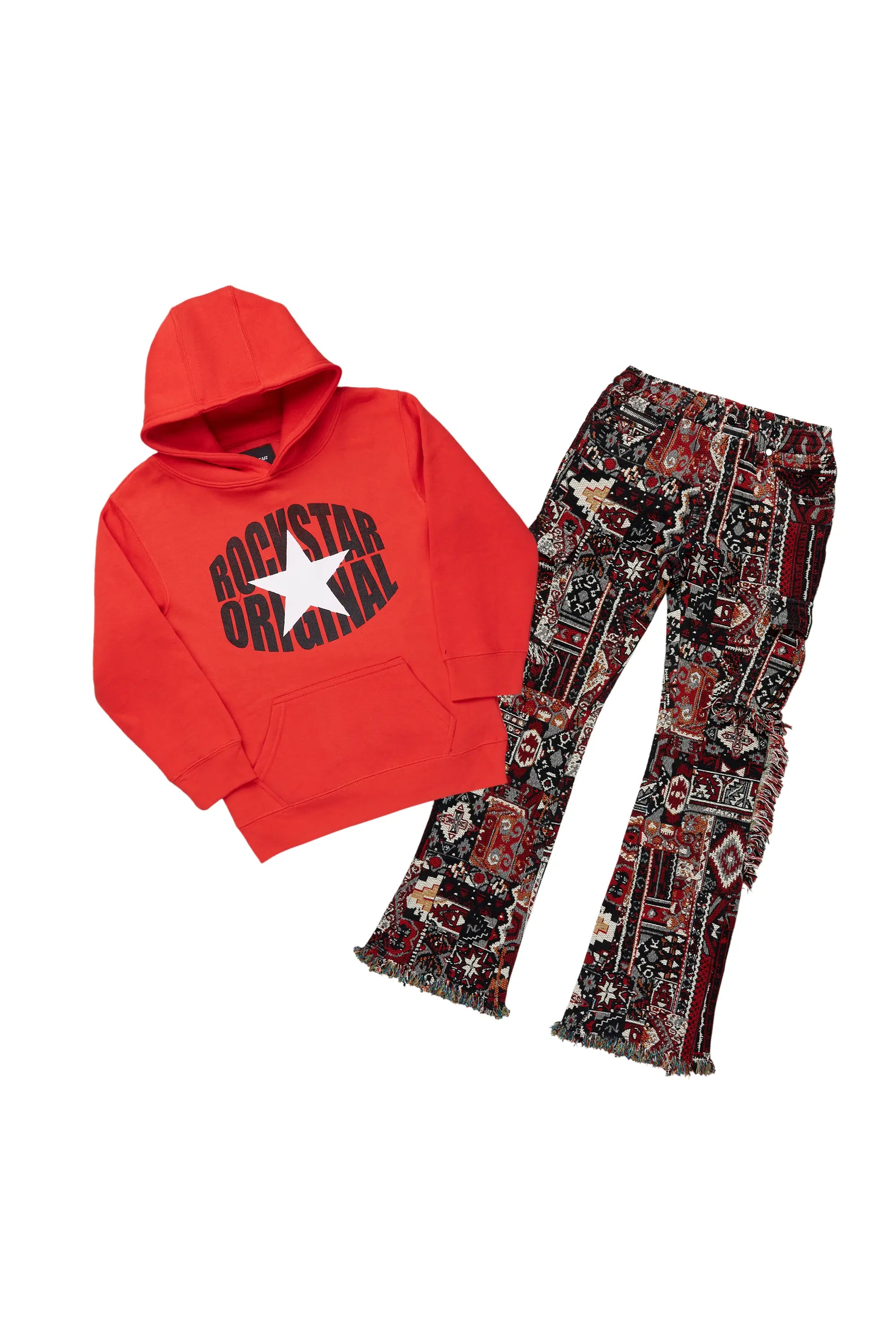 Boys Ezra Red/Black Hoodie/Stacked Flare Jean Set