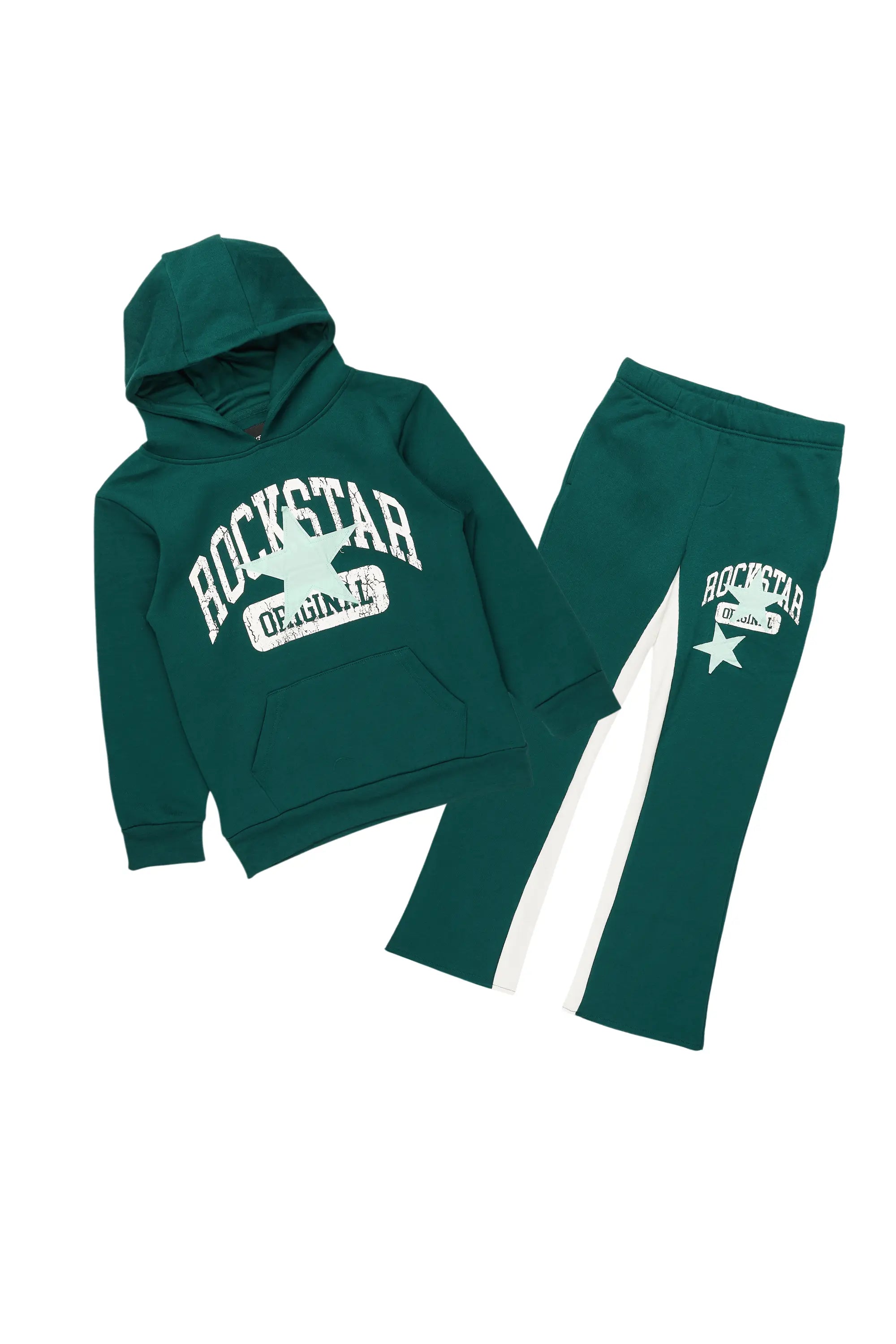 Boys Mallor Dark Green Baggy Stacked Hoodie Track Set