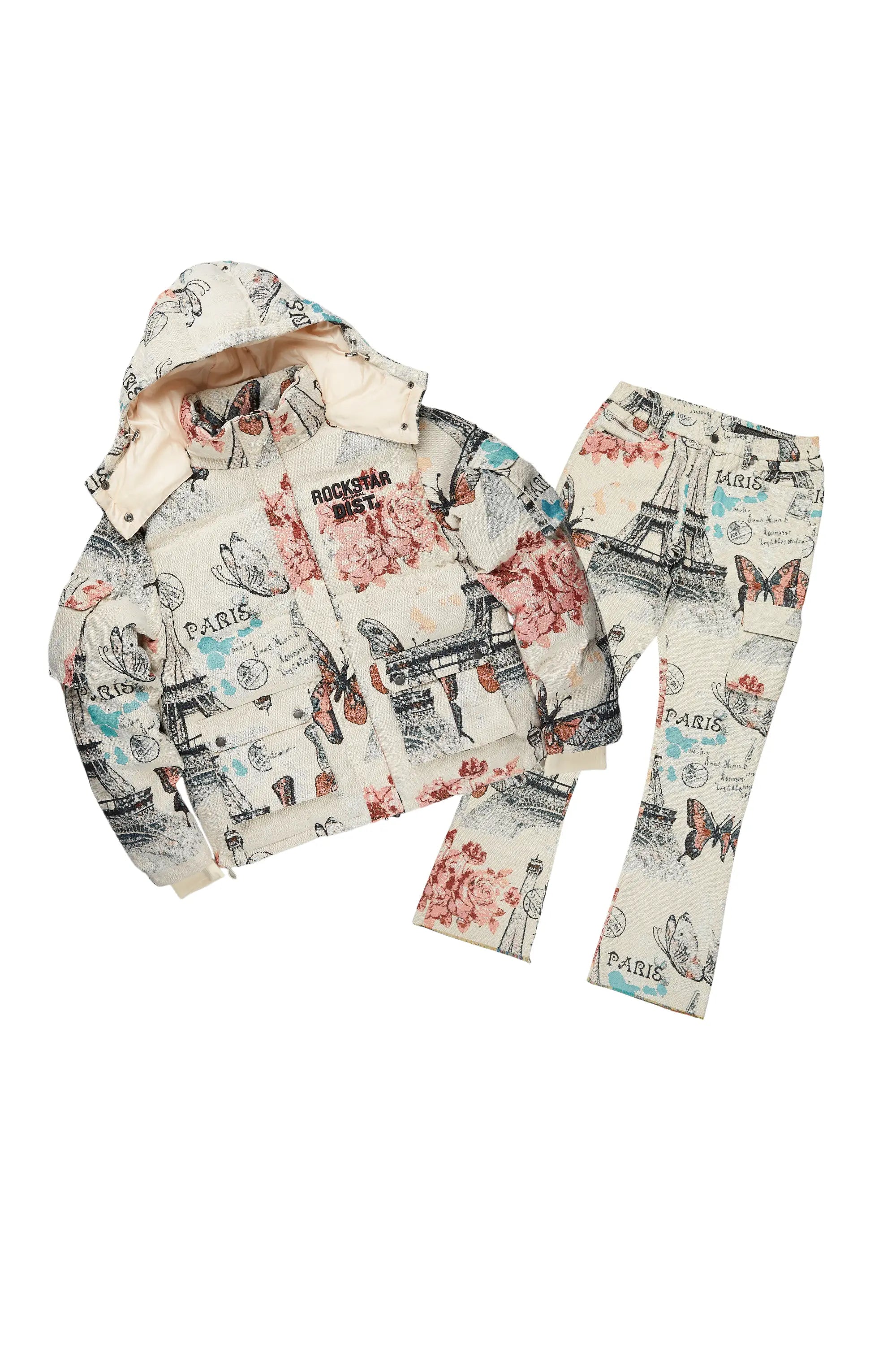 Boys Lamont Beige Multi Tapestry Puffer Jacket/Flare Jean Set