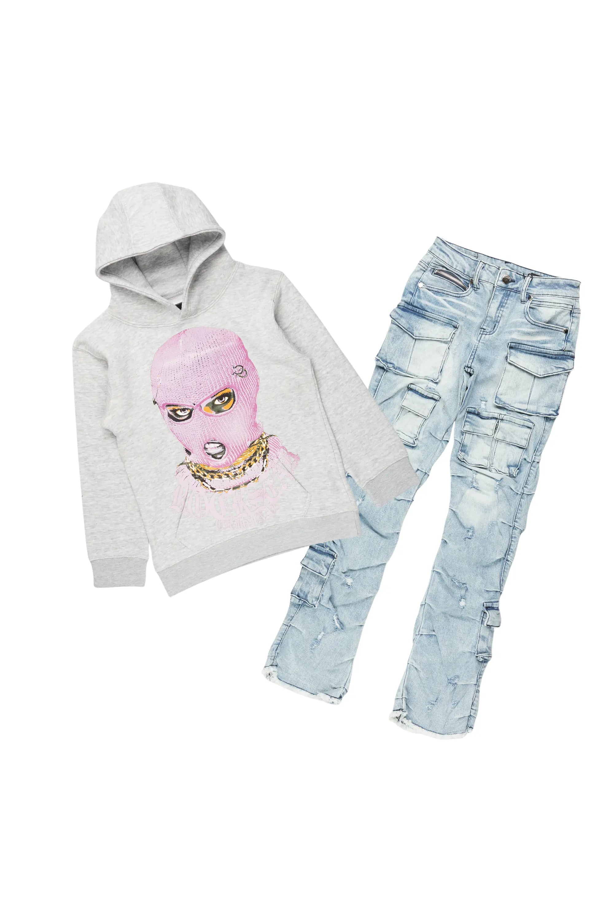 Girls Karasi Grey/Blue Hoodie/Stacked Flare Jean Set