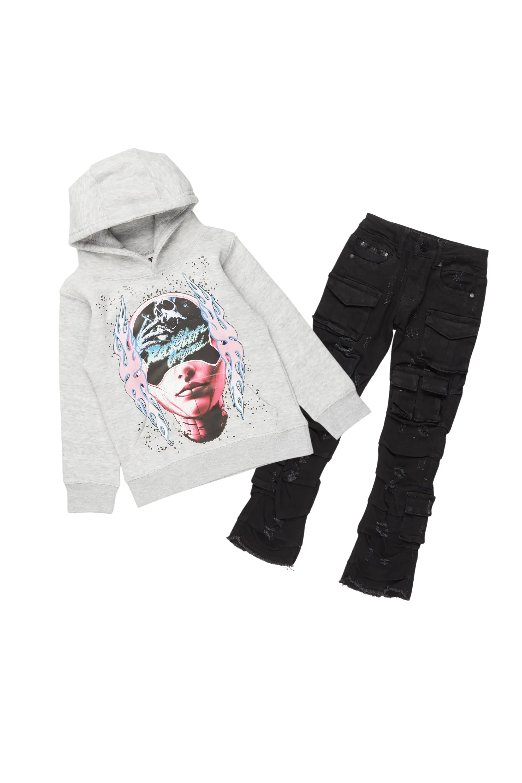 Girls Isha Grey/Black Hoodie/Stacked Flare Jean Set