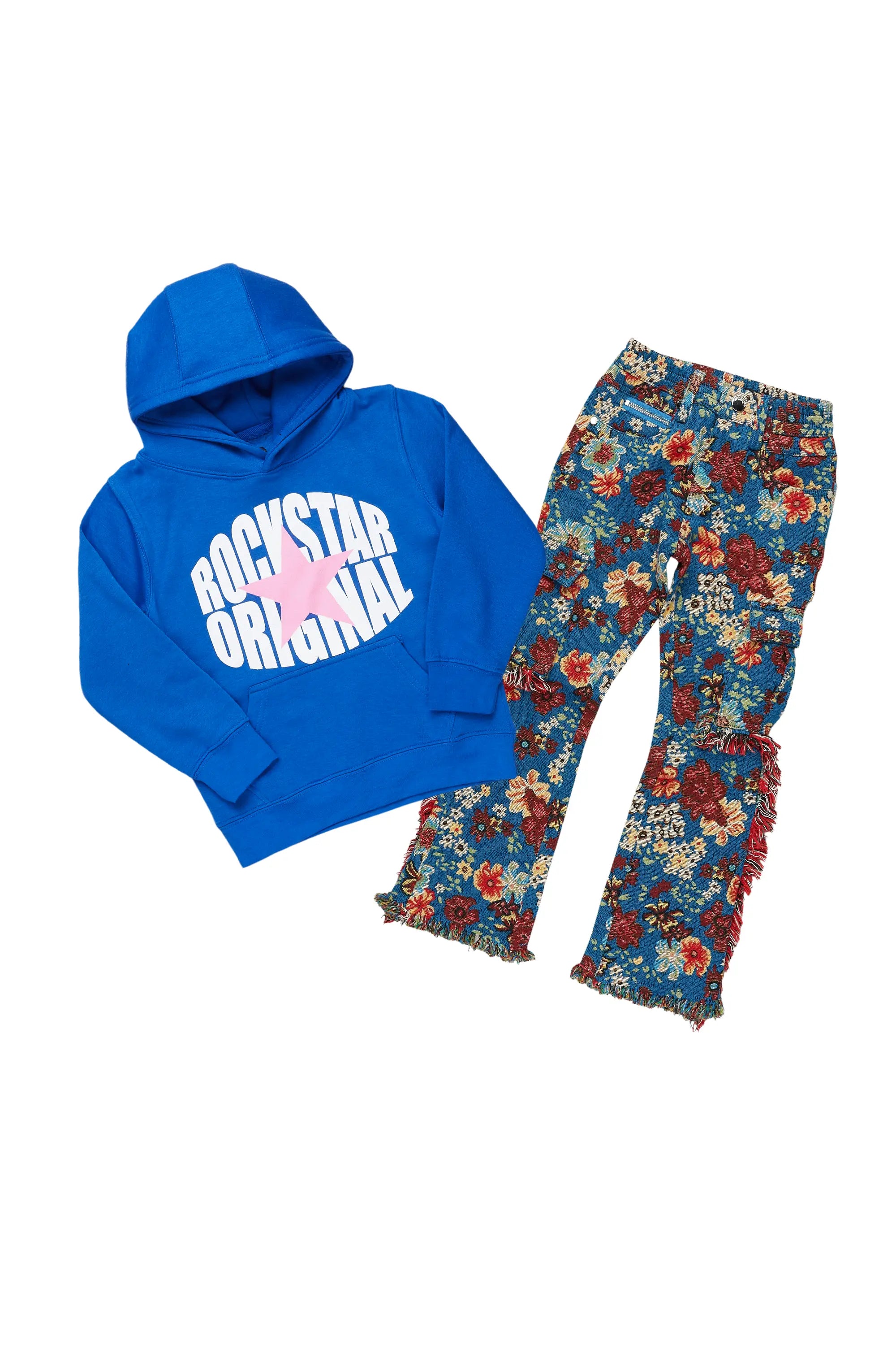 Girls Brooke Royal Blue Hoodie/Stacked Flare Jean Set