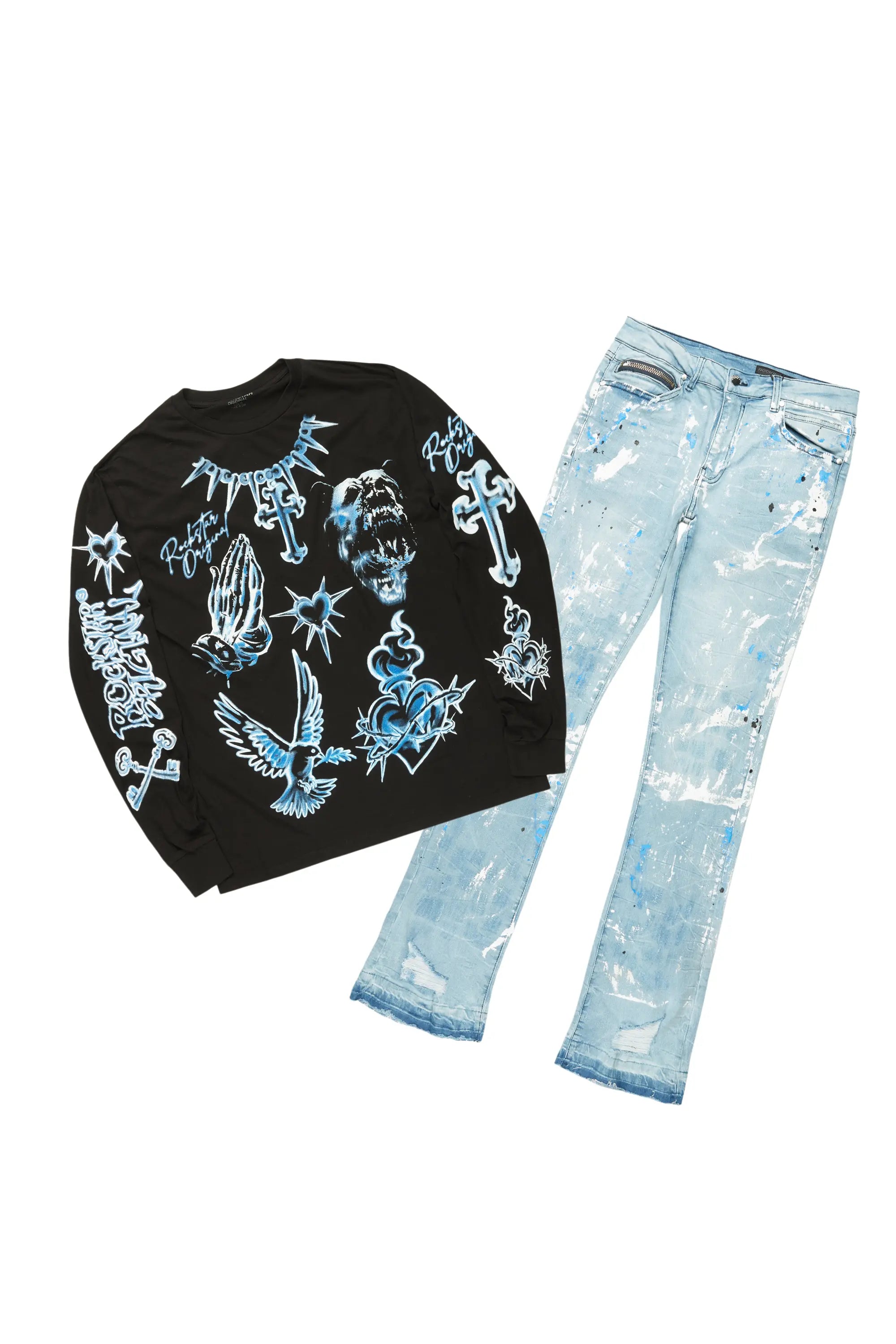 Valar Black/Blue Long Sleeve/Stacked Flare Jean Set