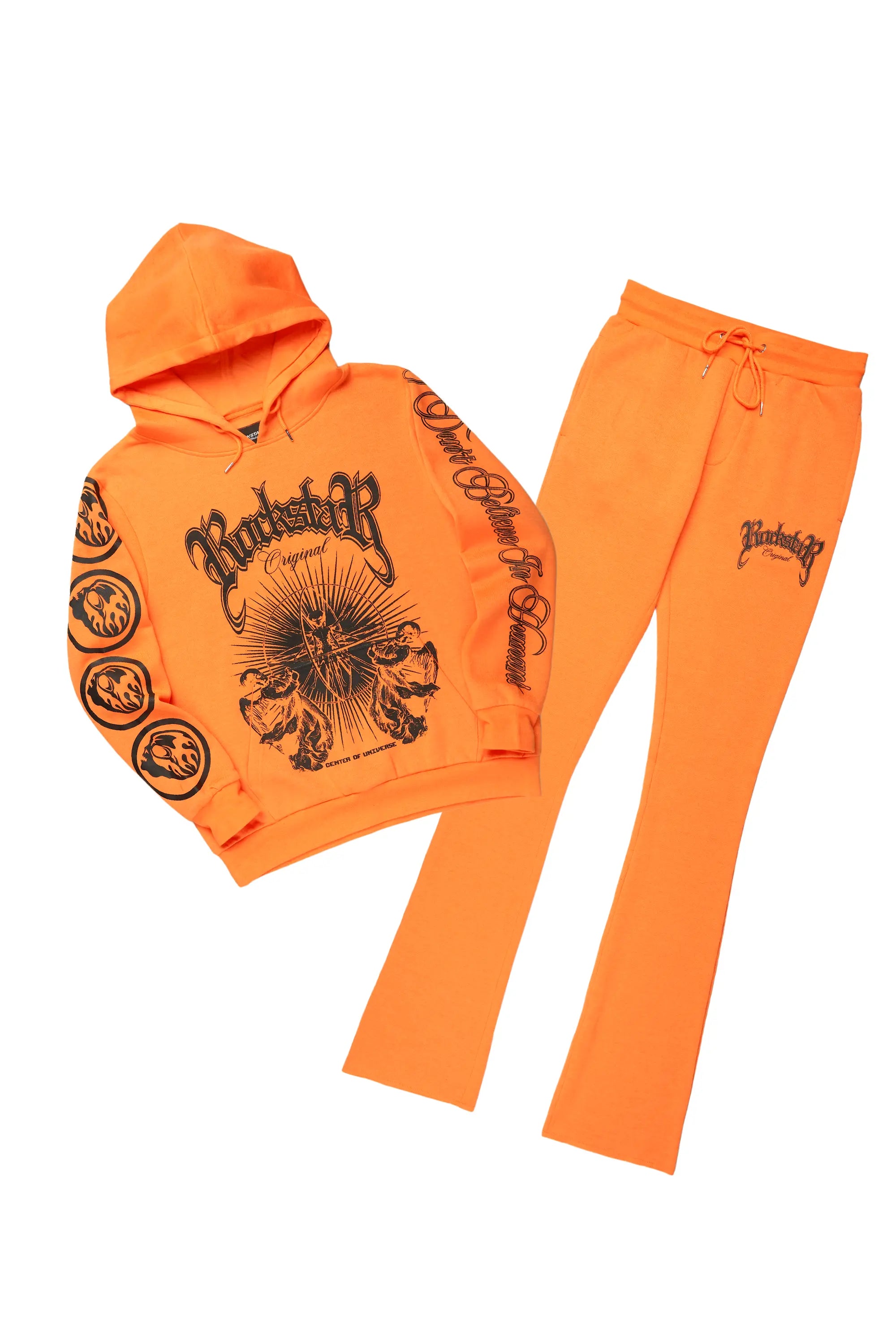 Yarden Orange Graphic Hoodie/Stacked Flare Pant Track Set