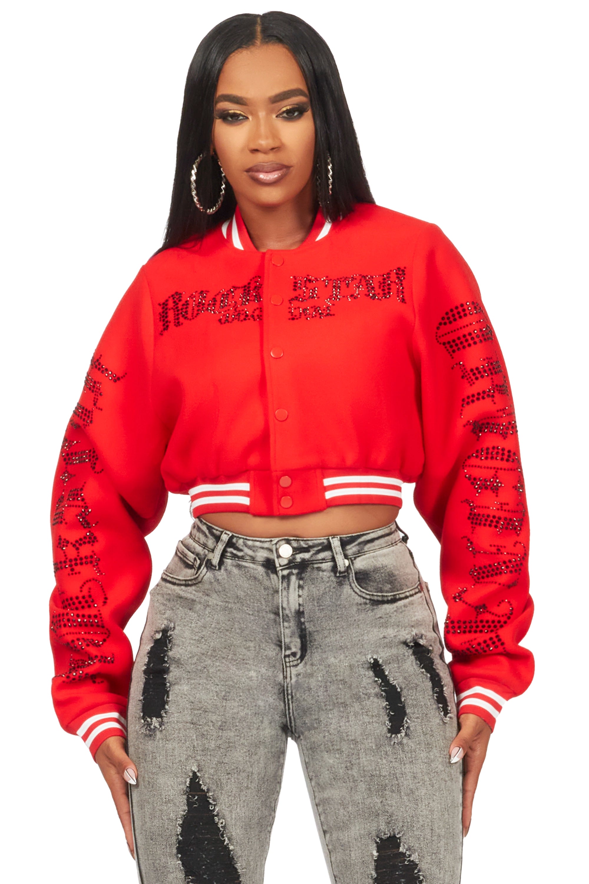 Gianni Red Crop Rhinestone Varsity Jacket