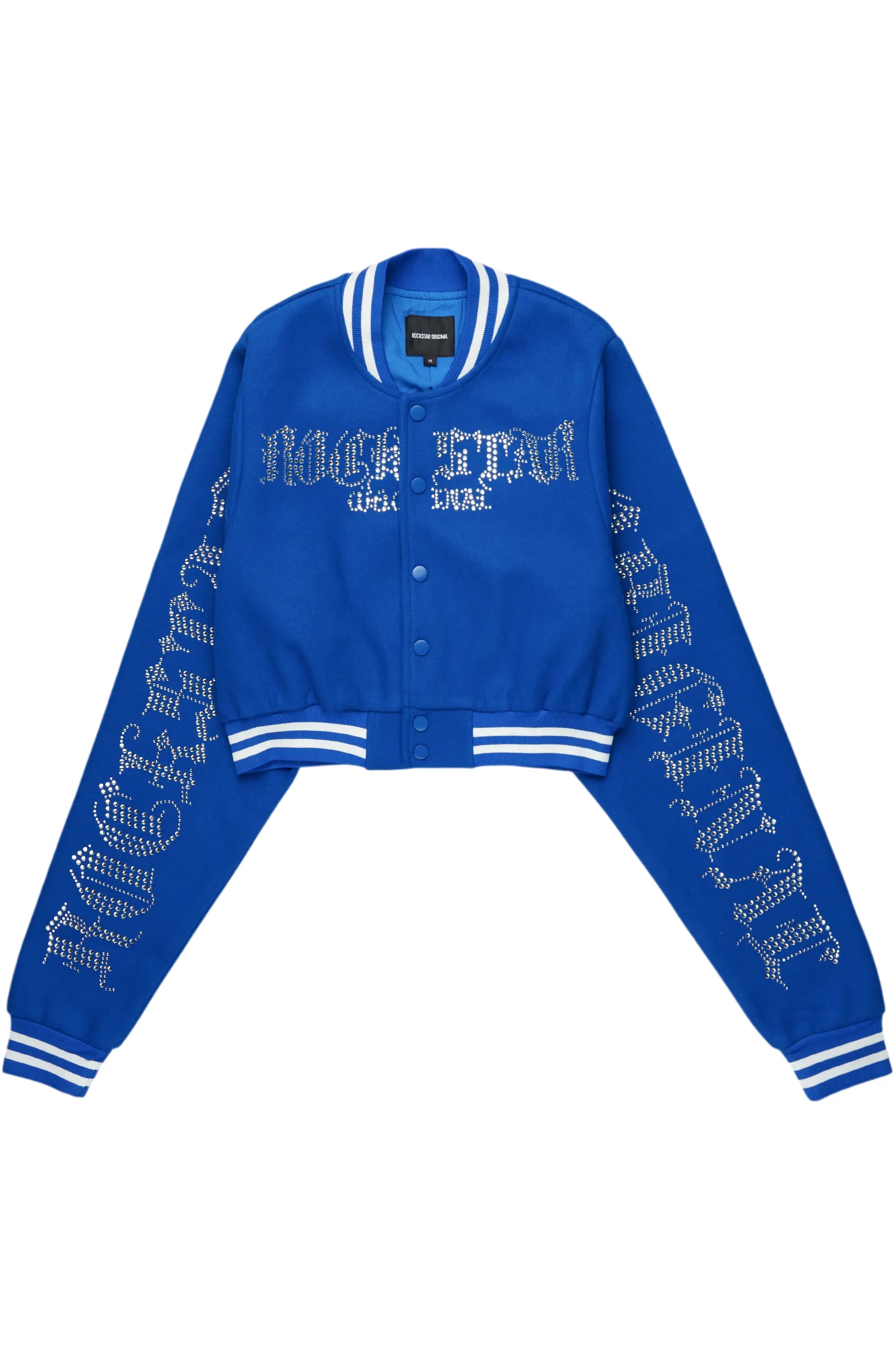 Gianni Royal Blue Crop Rhinestone Varsity Jacket