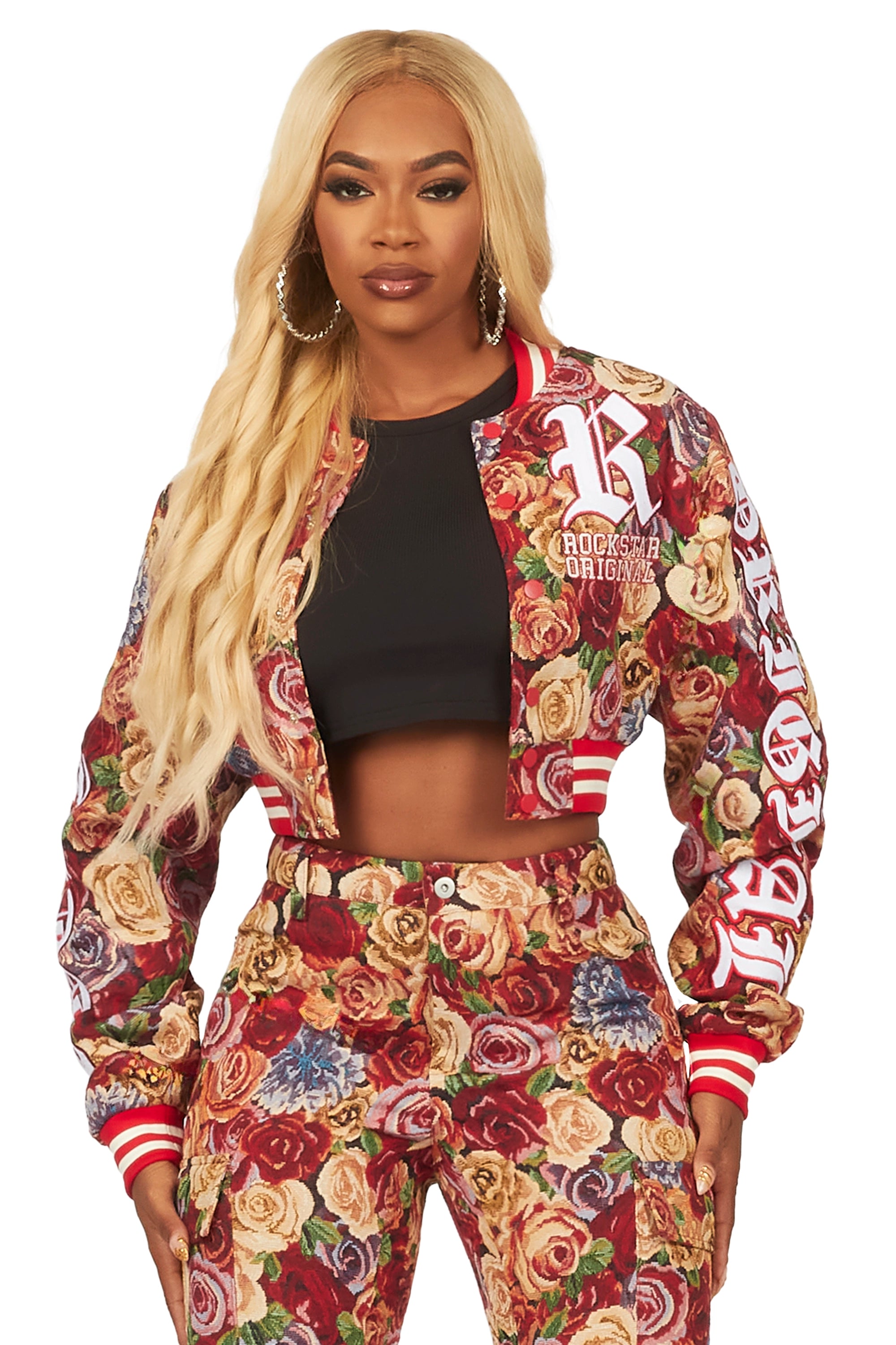 Darresha Red Crop Tapestry Varsity Jacket