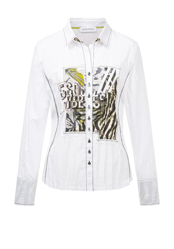 Just White Animal Print Panel Crease Shirt, White