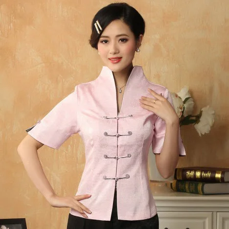 Mandarin Sleeve V Neck Signature Cotton Chinese Style Shirt