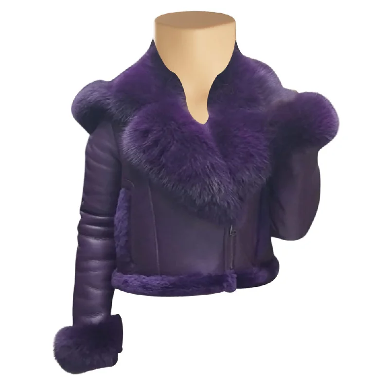 Sierra's Purple Sheepskin Shearling Crop Jakcet with hoodie and Fox Fur