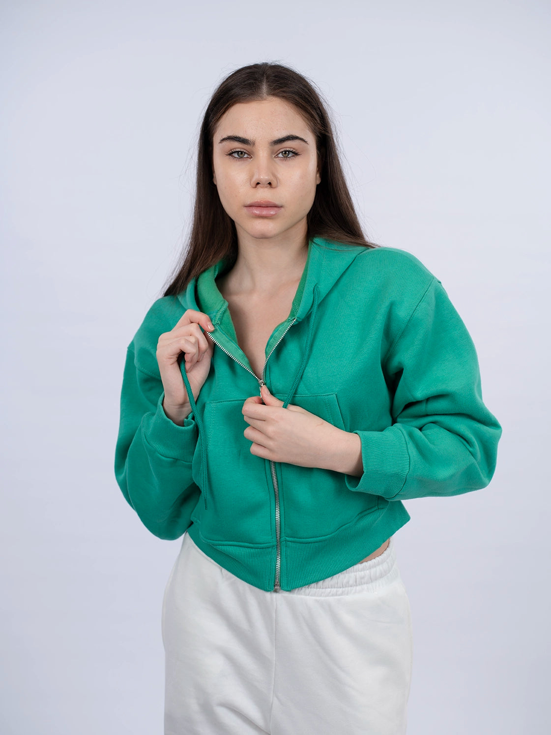 Zippered Green Crop Hooded Jacket